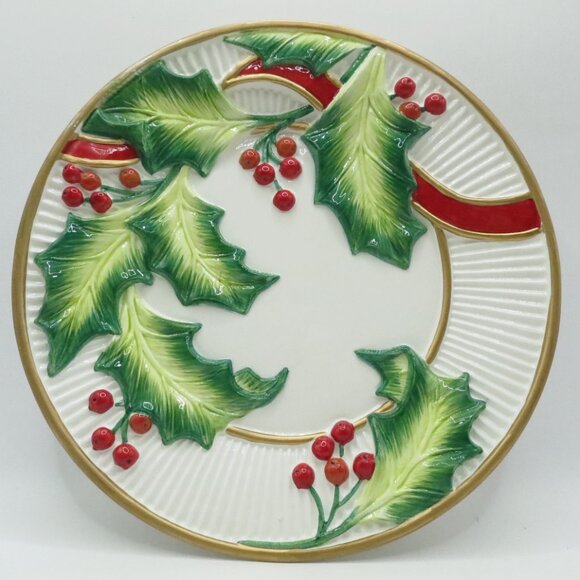 Fitz and Floyd Canape Snack Plate 8" Holly Christmas Handcrafted - Picture 2 of 4